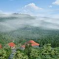 Serene Misty Mountain Forest Scenery With Nestled Red Roof Buildings Under Bright Fresh Blue Sky