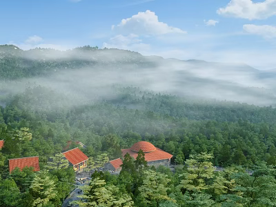 Serene Misty Mountain Forest Scenery With Nestled Red Roof Buildings Under Bright Fresh Blue Sky 3d model