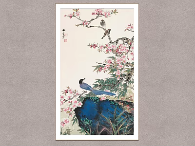 Exquisite Traditional Plant Painting With Cherry Blossoms Birds And Rock Elements 3d model