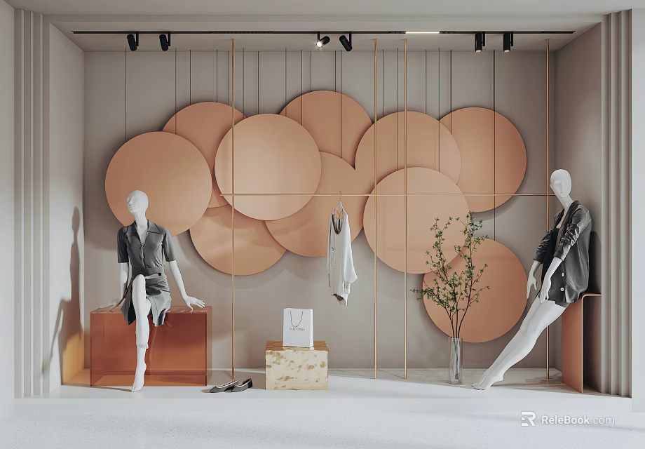 Stylish Window Display With Orange Circular Decorations Dressed Mannequins And Green Plant 3d model 