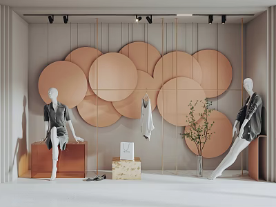 Stylish Window Display With Orange Circular Decorations Dressed Mannequins And Green Plant 3d model