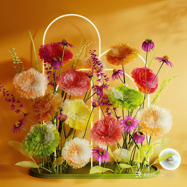 Artistic Floral Installation With Colorful Mixed Blooms Decorative Arch And Yellow Backdrop 3d model 