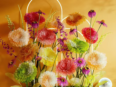 Artistic Floral Installation With Colorful Mixed Blooms Decorative Arch And Yellow Backdrop 3d model
