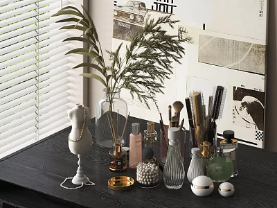 Perfume And Cosmetics Display On Dark Table With Decor 3d model