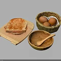 Basket of Brown Eggs and Freshly Toasted Bread with Wooden Cutting Board Bowl and Spoon