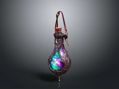 Enchanted Decorative Potion Bottle With Metallic Filigree Leather Handle And Colorful Glow 3d model