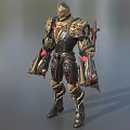 Game Movie Warrior Character In Spiked Gold Black Red Intricate Armor Design