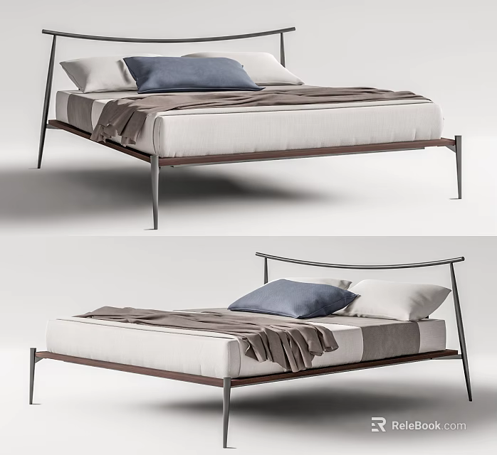 Modern Double Bed With Metal Frame Blue Pillow White Sheets And Blanket 3d model 