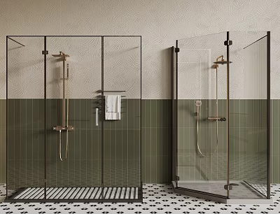 Modern Glass Shower Enclosures With Black Frames Gold Fixtures And Green Beige Tiles 3d model