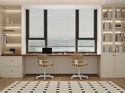 Modern Study Room Desk Setup With Two Chairs Window Blinds Bookshelves And Wooden Floor 3d model