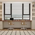Modern Study Room Desk Setup With Two Chairs Window Blinds Bookshelves And Wooden Floor