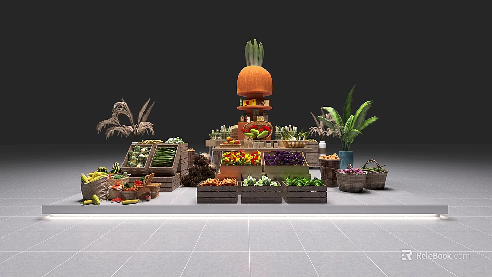Commercial Fruit Vegetable Display Commercial Equipment With Wooden Crates And Shelves For Retail Stores 3d model 