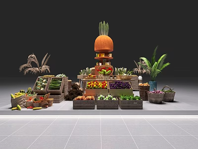 Commercial Fruit Vegetable Display Commercial Equipment With Wooden Crates And Shelves For Retail Stores 3d model