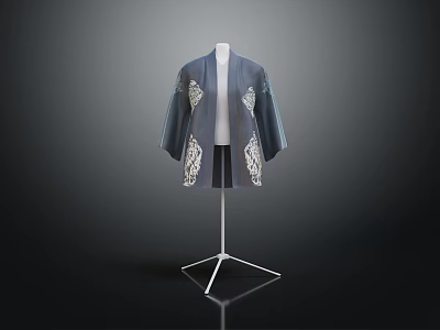 Dark Blue Traditional Kimono Style Coat With White Embroidery Displayed On Stand 3d model