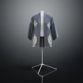 Dark Blue Traditional Kimono Style Coat With White Embroidery Displayed On Stand