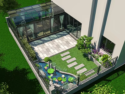 Garden Landscape with Glass Roof Stone Tile Floor Lawn Pond Water Lilies and Stone Steps 3d model