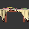 Traditional Chinese Food on Round Table with Decorative Tablecloth Colorful Dishes and Central Fortune Character