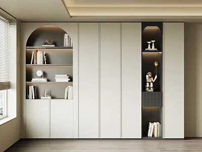 Modern Built in Bookcase With Open Shelves Books And Decorative Items In Bright Room 3d model