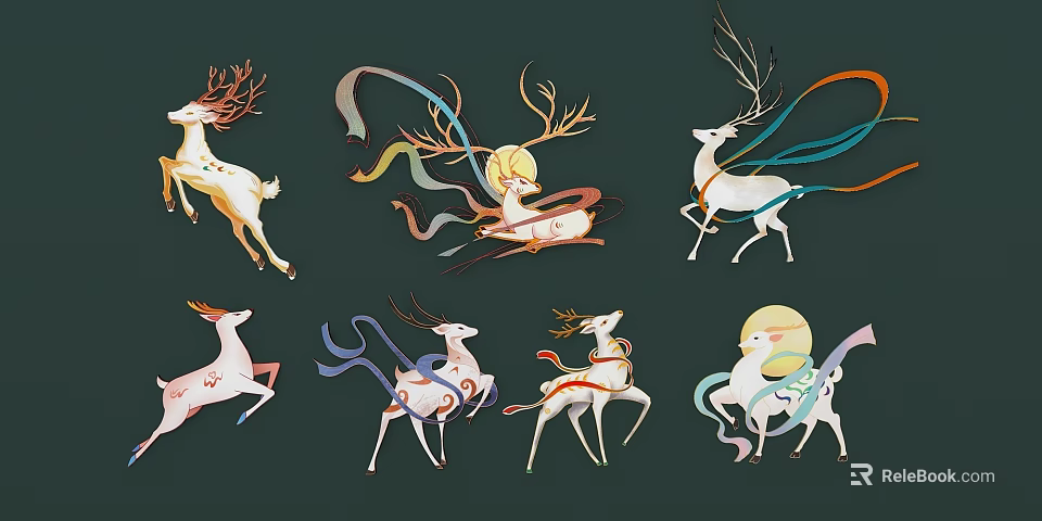 Colorful Artistic Deer Sculptures with Leaping Forms and Flowing Decorative Ribbons 3d model 