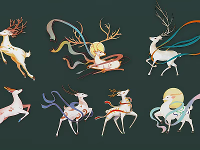 Colorful Artistic Deer Sculptures with Leaping Forms and Flowing Decorative Ribbons 3d model