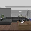 Modern Living and Dining Room Interior With Gray L Shaped Sofa Wooden Floor And Plants