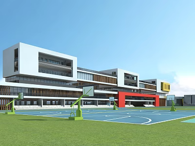 Modern School Building With Basketball Court And Green Lawn Exterior Design 3d model