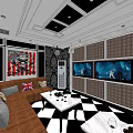 KTV Interior Featuring Brown Sofas Union Jack Cushions Black White Checkered Floor TV Screens