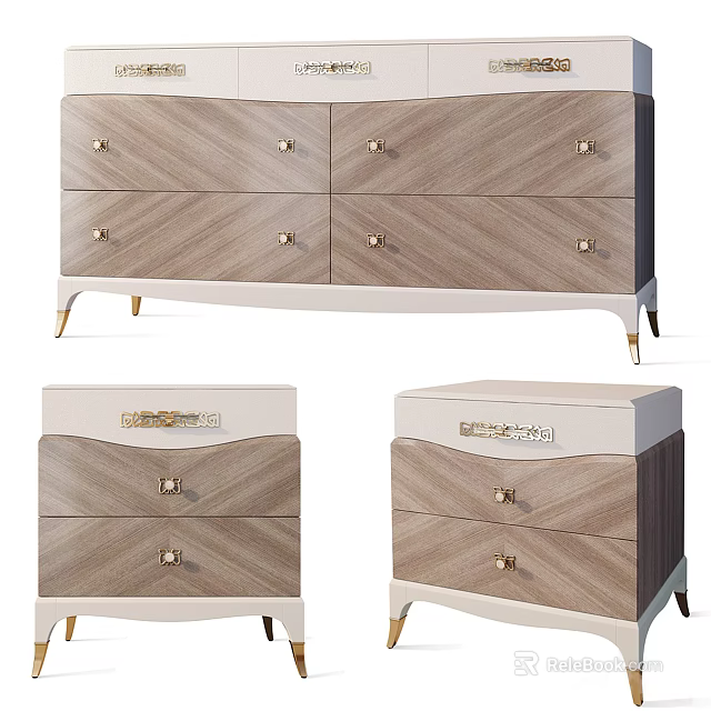 Modern Wooden Sideboard With Textured Drawers And Gold Metal Hardware Design 3d model 