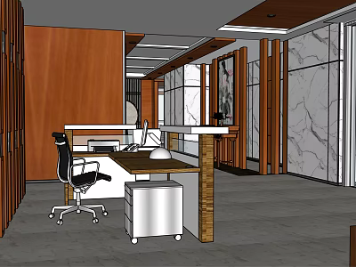 Modern Reception Area Interior With Wooden And Marble Walls Desk And Office Chair 3d model