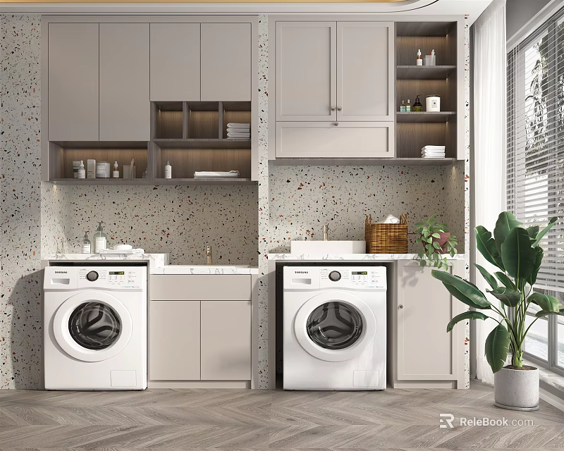 Modern Bathroom Cabinet Frame With Two White Washing Machines And Upper Storage Cabinets 3d model 