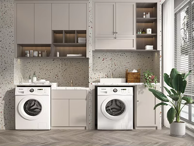 Modern Bathroom Cabinet Frame With Two White Washing Machines And Upper Storage Cabinets 3d model