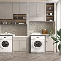 Modern Bathroom Cabinet Frame With Two White Washing Machines And Upper Storage Cabinets