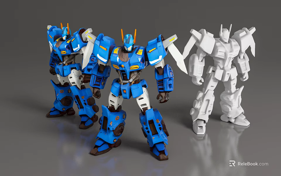Game And Movie Robot Characters Featuring Blue And White Mech Designs And Action Poses 3d model 