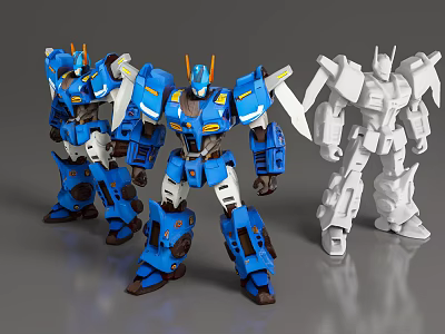 Game And Movie Robot Characters Featuring Blue And White Mech Designs And Action Poses 3d model