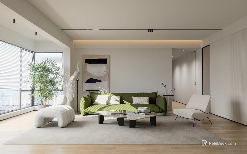 Modern Living Room Interior With Green Sofa And Artwork 3d model