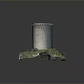 Round Stone Tower Model with Green Vegetation and Natural Terrain