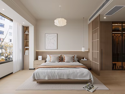 Modern Minimalist Bedroom Interior With Wooden Bed Artwork Pendant Light Large Window And Rug 3d model