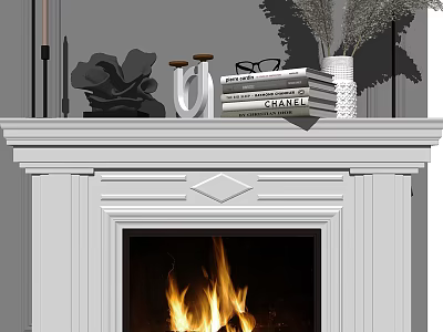 White Fireplace Mantel With Books Glasses Vase Dried Flowers And Burning Flames 3d model