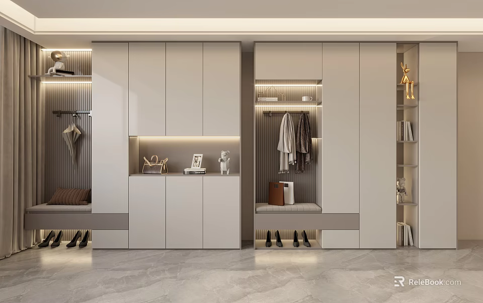 Modern Shoe Cabinet With Storage Shelves Hanging Rod And Seating Bench 3d model 