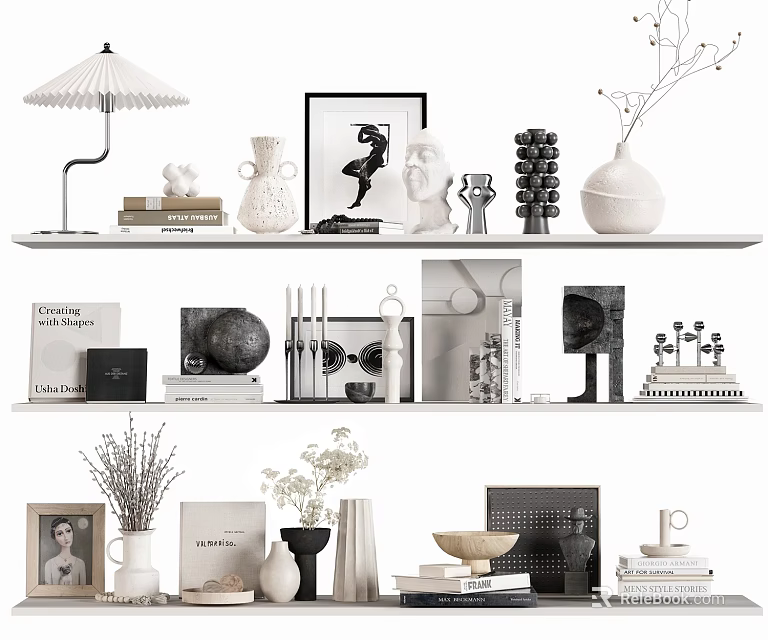 Modern Home Decorative Ornament Combinations with Vases Sculptures Frames Books and Lamp on Shelf 3d model 