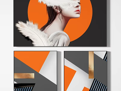 Abstract Wall Art With Female Profile Feather Orange Circle And Geometric Patterns 3d model