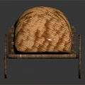 Woven Textured Item Displayed On Wooden Cart With Spoked Wheels And Smooth Surface