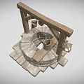 Cartoon Scene of Ancient Well With Wooden Frame Stone Structure Lantern and Bucket