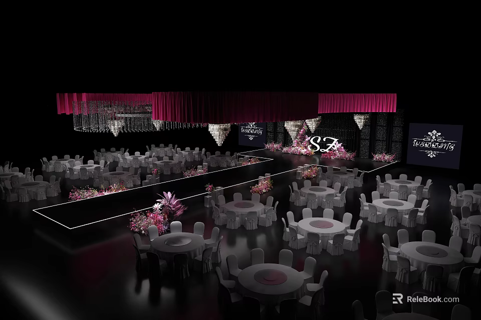 Wedding Banquet Stage With Pink Drapery White Tables Chairs And Flower Decorations 3d model 