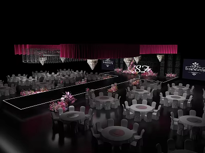 Wedding Banquet Stage With Pink Drapery White Tables Chairs And Flower Decorations 3d model
