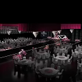 Wedding Banquet Stage With Pink Drapery White Tables Chairs And Flower Decorations