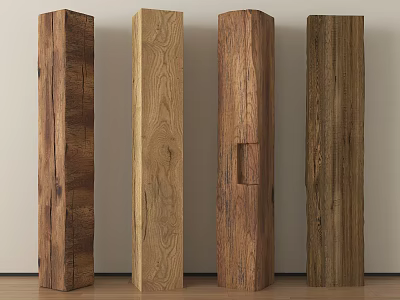 Natural Stone Wood Textured Columns With Different Finishes Arranged In Row 3d model