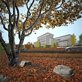 Modern Office Building Exterior With Autumn Fallen Leaves Trees And Parked Car