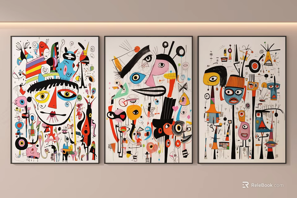 Three Colorful Abstract Decorative Paintings With Geometric Shapes For Indoor Wall Art 3d model 