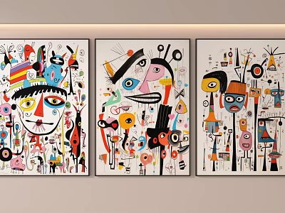 Three Colorful Abstract Decorative Paintings With Geometric Shapes For Indoor Wall Art 3d model